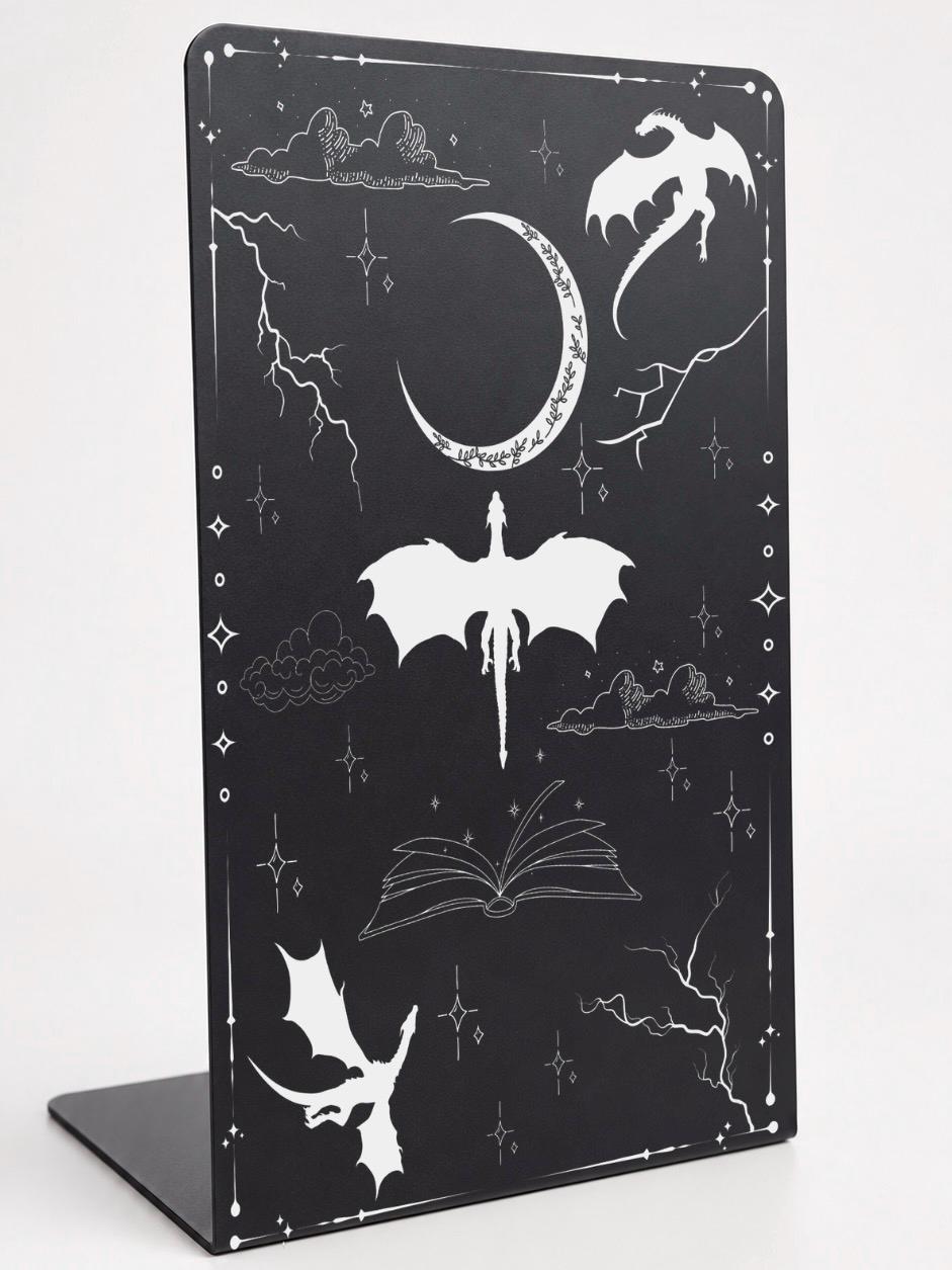 Fantasy Dragons Metal Bookshelf Bookends in black with engraved dragons, crescent moon, stars and open book design