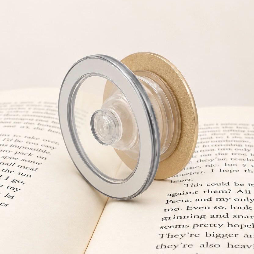 Personalised Name Dragon Metal E-Reader Grip shown from the back with clear expandable grip and gold-tone metal top.