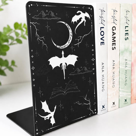 Fantasy Dragons Metal Bookshelf Bookends in black metal with dragons, moon and fantasy book design holding books upright