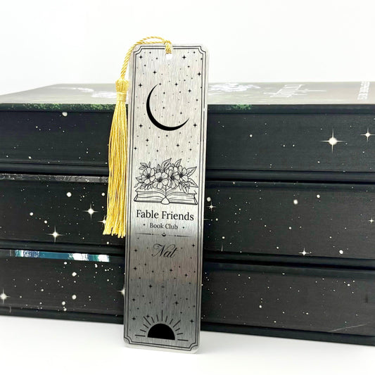 Personalised Bookclub Metal Bookmark in brushed silver with custom book club and member name, celestial floral design and gold tassel