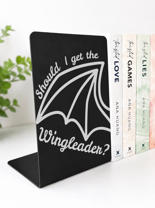 Should I Get The Wingleader Metal Bookshelf Sign Bookends featuring a black metal finish and bold white dragon wing design.