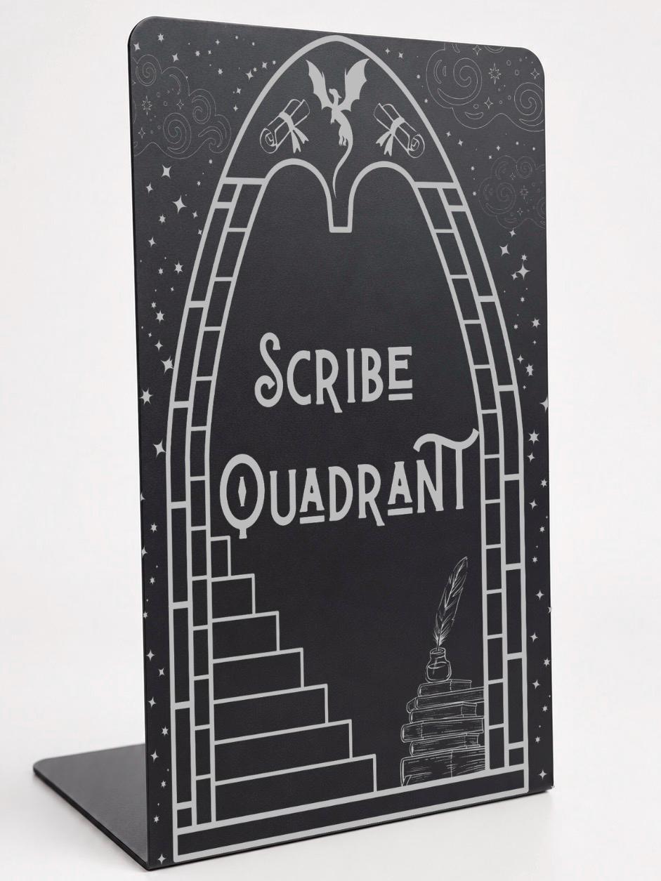 Scribe Quadrant Metal Bookshelf Bookends featuring dragon, books, quill and fantasy-inspired engraved design