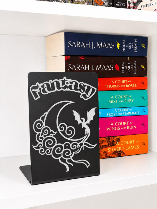 Fantasy Genre Metal Bookshelf Sign Bookend featuring engraved dragon and crescent moon design displayed with fantasy books