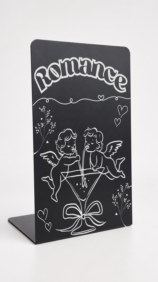 Close-up of Romance Genre Metal Bookshelf Sign Bookend with cupid, hearts and floral details