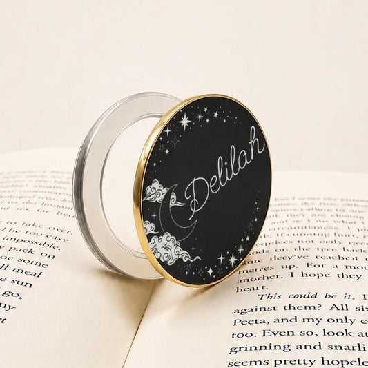 Personalised Name Celestial Metal Kindle Grip featuring custom name Delilah with moon and star design