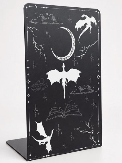     Fantasy Dragons Metal Bookshelf Bookends in black with engraved dragons, crescent moon, stars and open book design