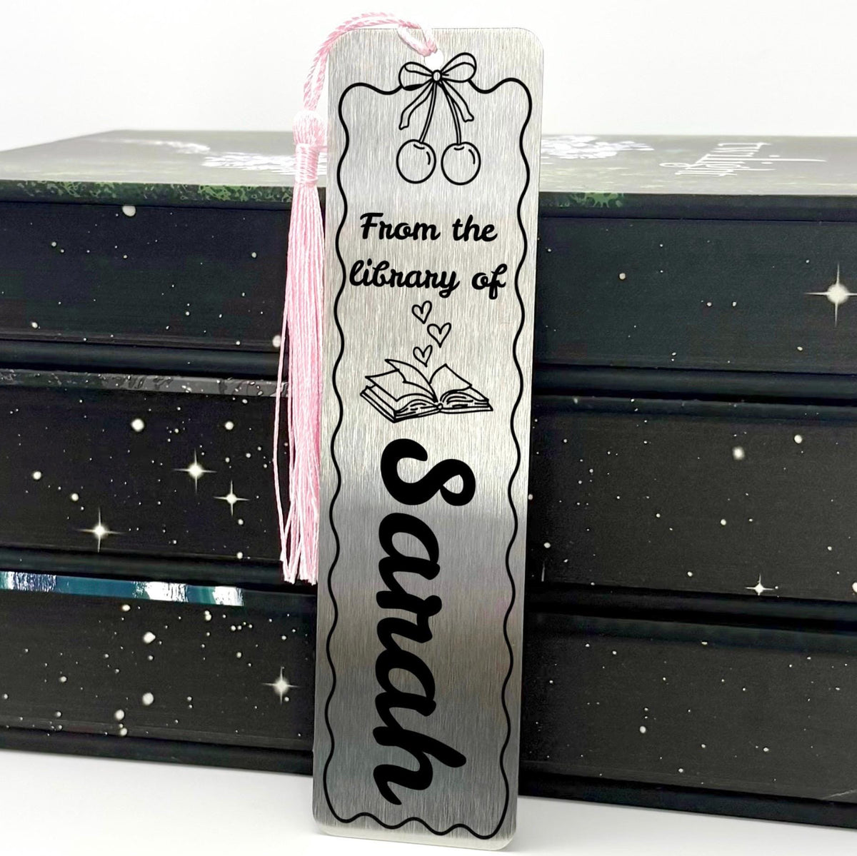     Personalised Name Cherries Metal Bookmark in brushed silver with pink tassel and cherry design