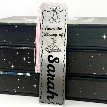     Personalised Name Cherries Metal Bookmark in brushed silver with pink tassel and cherry design