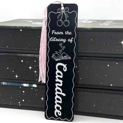     Personalised Name Cherries Metal Bookmark in black with pink tassel and custom library name engraving