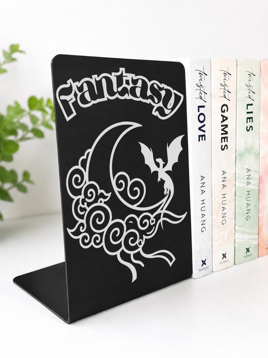     Fantasy Genre Metal Bookshelf Sign Bookend in black metal with engraved dragon and crescent moon artwork on a bookshelf