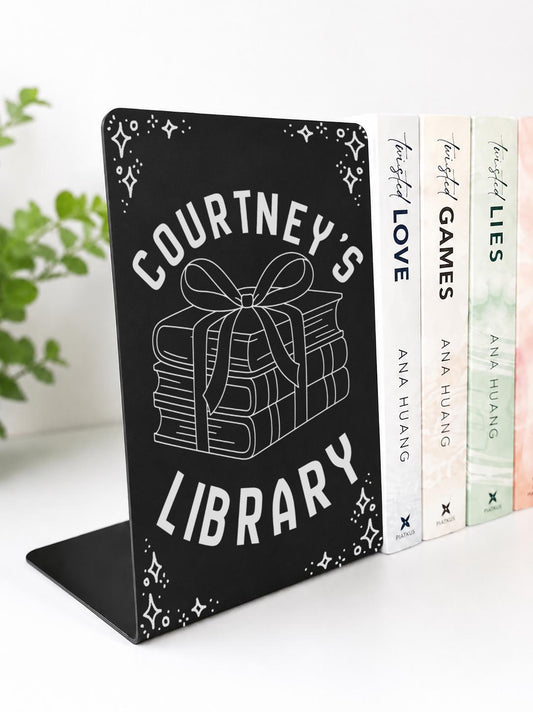     Custom Name Library Metal Bookshelf Sign Bookends featuring a personalised name and engraved stack of books with ribbon design