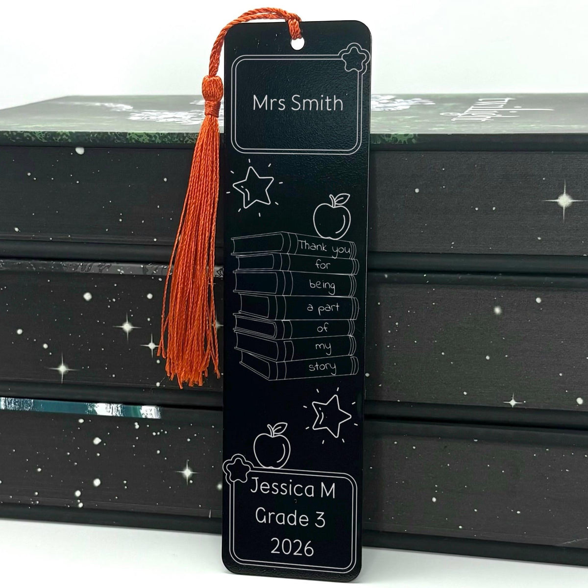     Personalised Teacher Gift Metal Bookmark in black with custom teacher name, student name, grade and red tassel