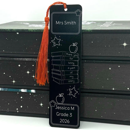     Personalised Teacher Gift Metal Bookmark in black with custom teacher name, student name, grade and red tassel