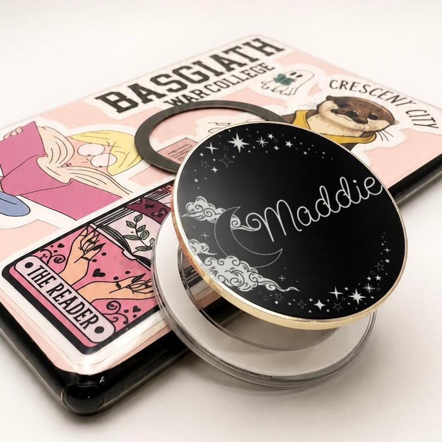     Personalised Name Celestial Metal Kindle Grip with custom name, crescent moon, clouds and celestial star details