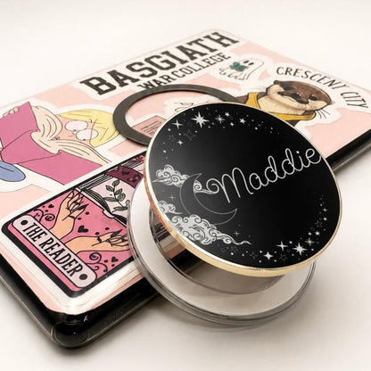    Personalised Name Celestial Metal Kindle Grip with custom name, crescent moon, clouds and celestial star details