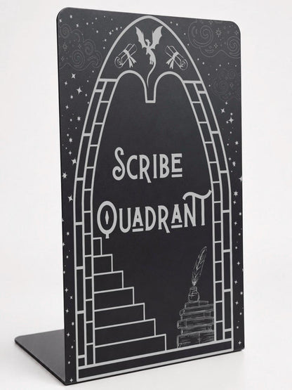     Scribe Quadrant Metal Bookshelf Bookends featuring dragon, books, quill and fantasy-inspired engraved design