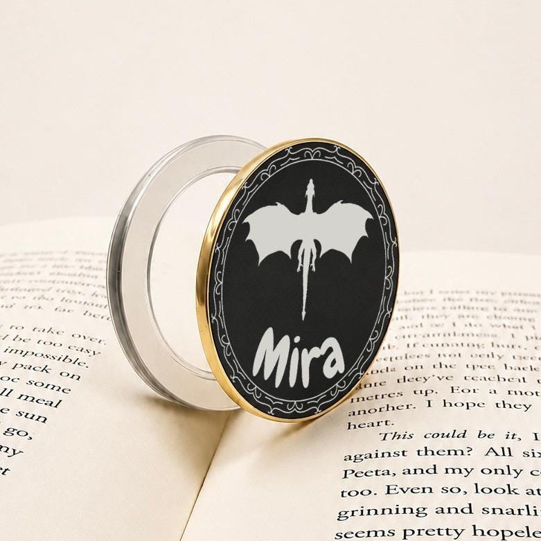     Personalised Name Dragon Metal E-Reader Grip with black dragon artwork, custom name and gold-tone edge.