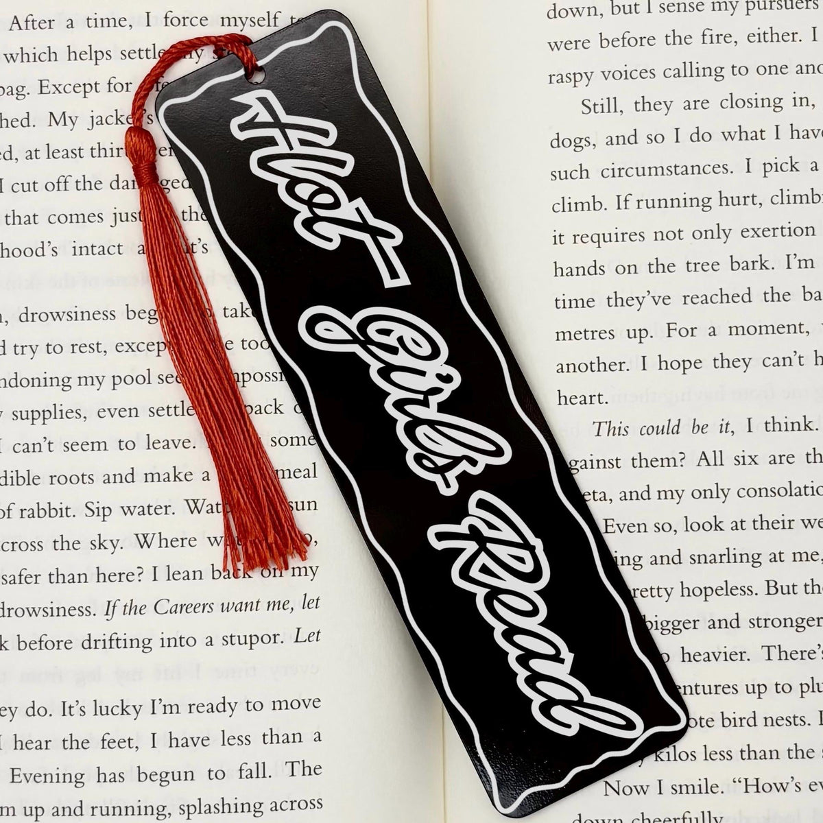 Hot Girls Read Metal Engraved Bookmark featuring a black design and red tassel, perfect for book lovers.