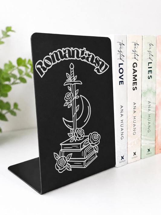    Romantasy Genre Metal Bookshelf Sign Bookend with detailed sword, moon, floral and book design in a modern bookcase display.