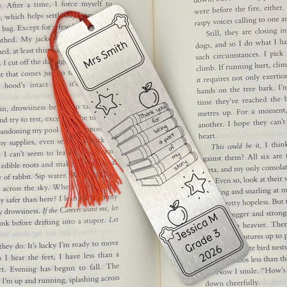     Silver Personalised Teacher Gift Metal Bookmark with custom teacher and student details displayed on an open book