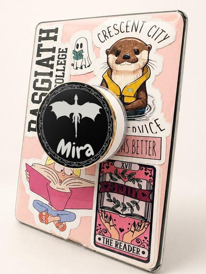     Personalised Name Dragon Metal E-Reader Grip featuring a custom name and dragon design on a decorated e-reader.