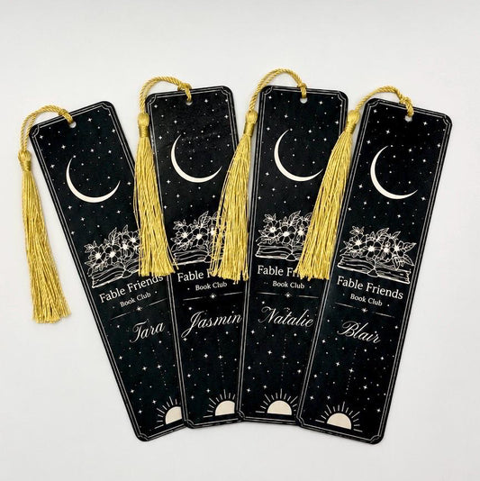     Personalised Bookclub Metal Bookmark set in black with custom member names, crescent moon, floral book design and gold tassels