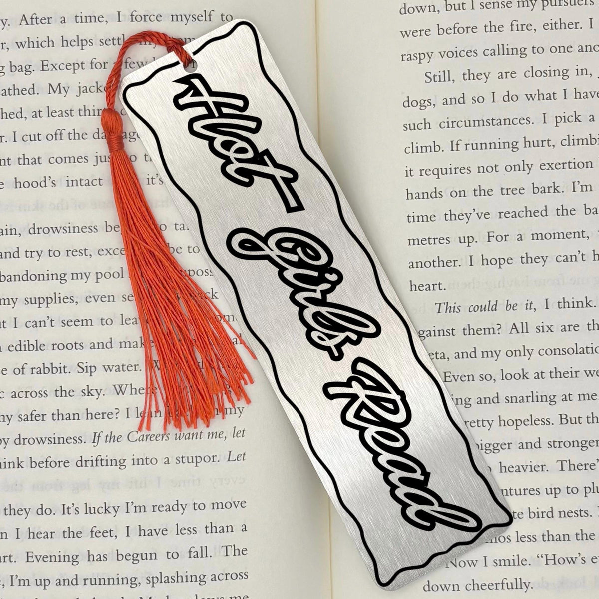 Hot Girls Read Metal Engraved Bookmark featuring a brushed silver design and red tassel, perfect for book lovers.