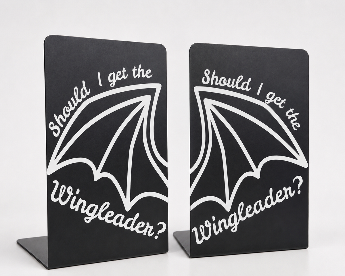     Should I Get The Wingleader Metal Bookshelf Sign Bookends featuring matching dragon wing designs displayed as a set.