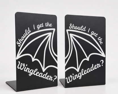     Should I Get The Wingleader Metal Bookshelf Sign Bookends featuring matching dragon wing designs displayed as a set.