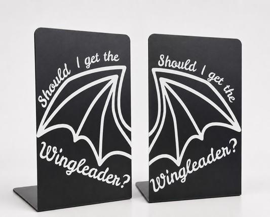     Should I Get The Wingleader Metal Bookshelf Sign Bookends featuring matching dragon wing designs displayed as a set.