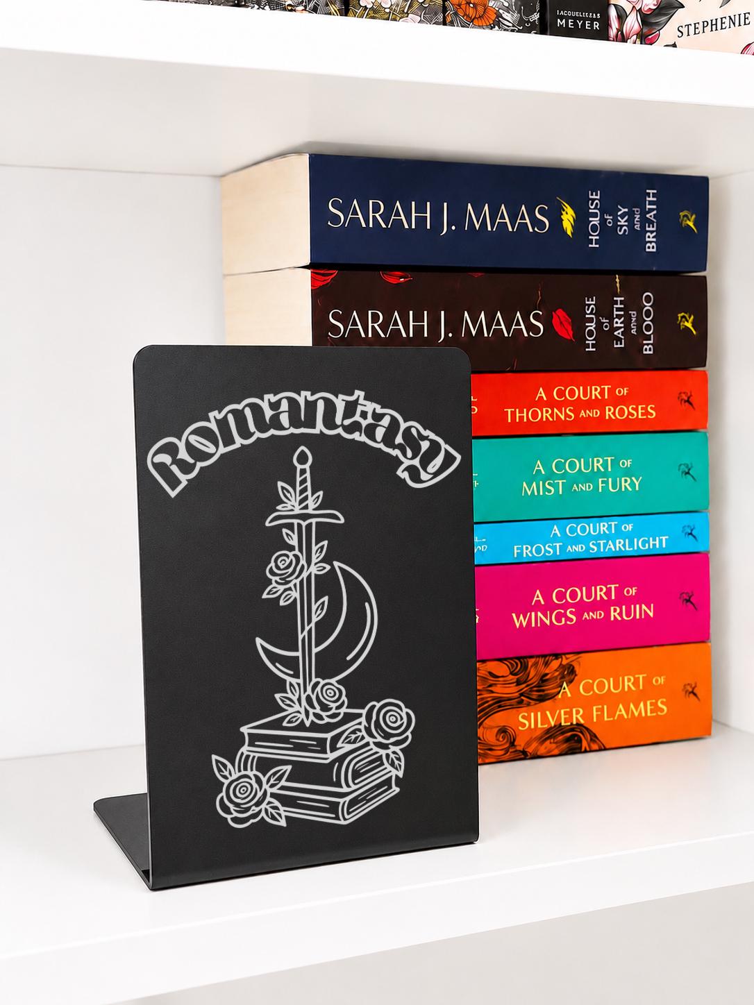     Romantasy Genre Metal Bookshelf Sign Bookend featuring an engraved sword, crescent moon, roses and stacked books design.