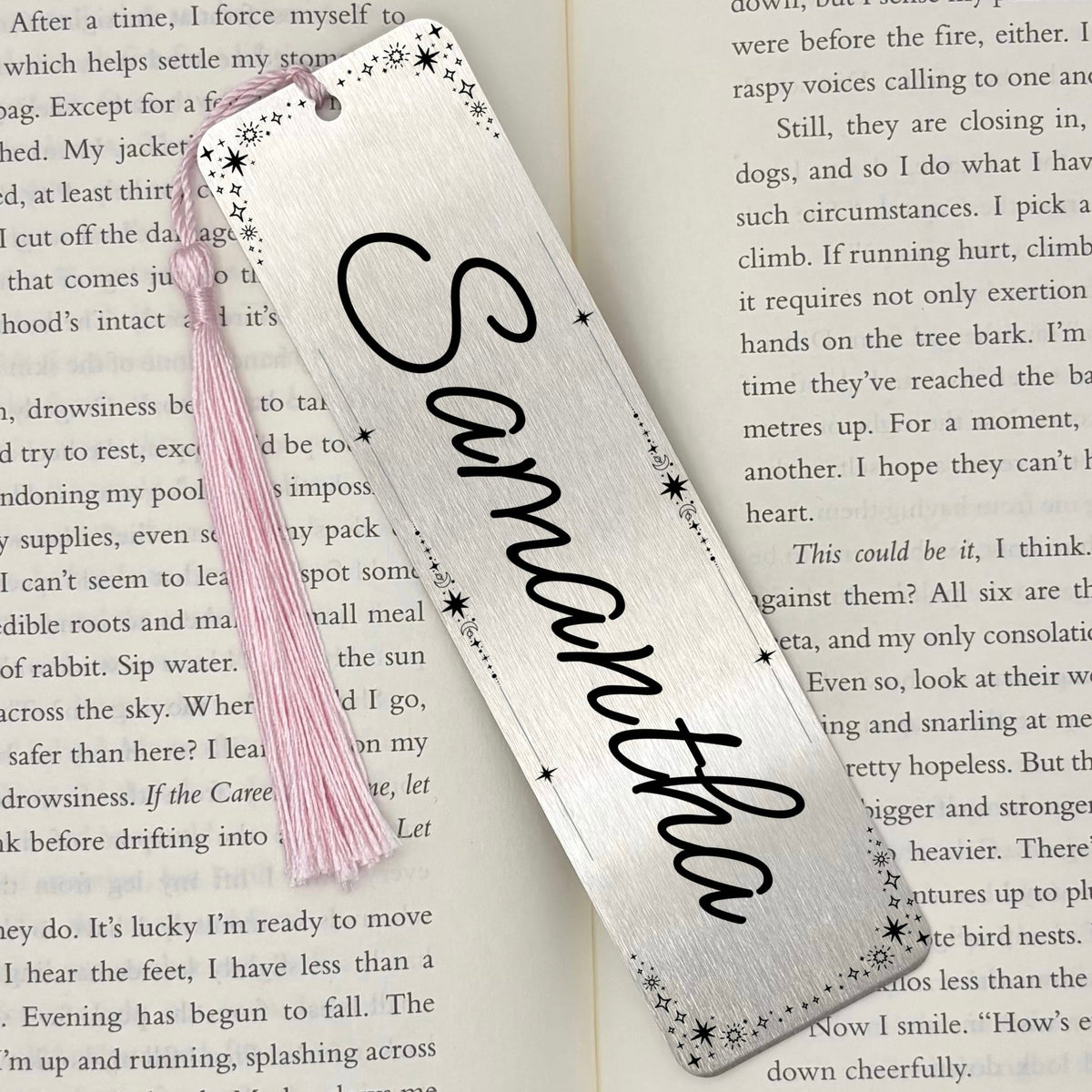 A brushed silver Personalised Name Metal Bookmark on an open book with a pink tassel