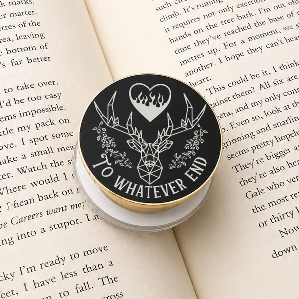 A To Whatever End Metal MagSafe Kindle Grip resting on an open book