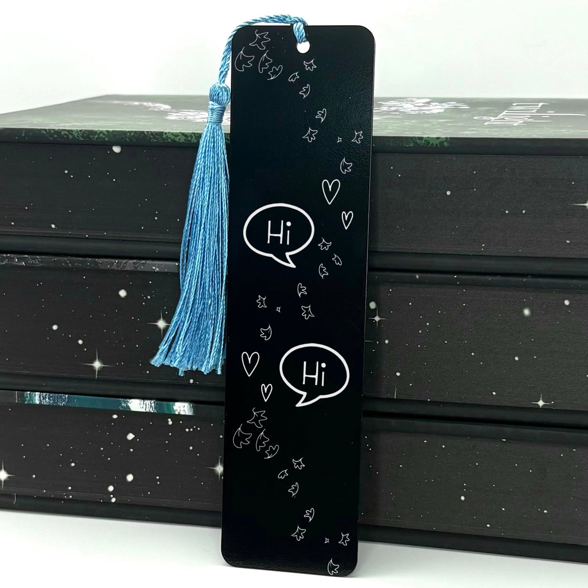     Black Bookish Gay Romance Metal Bookmark with engraved Hi speech bubbles and blue tassel