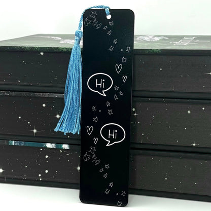     Black Bookish Gay Romance Metal Bookmark with engraved Hi speech bubbles and blue tassel