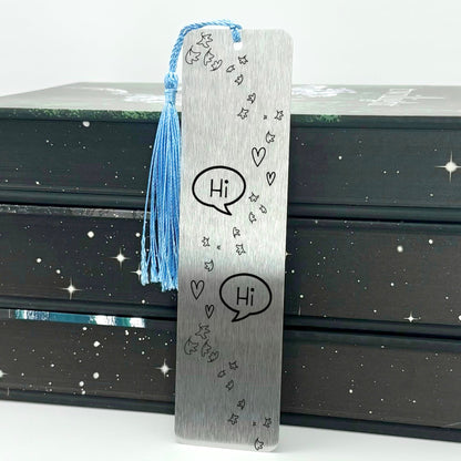     Silver Bookish Gay Romance Metal Bookmark with speech bubbles, hearts and blue tassel