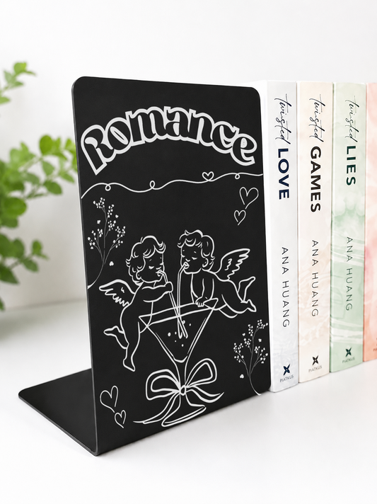     Romance Genre Metal Bookshelf Sign Bookend featuring cupid design displayed beside colourful romance books