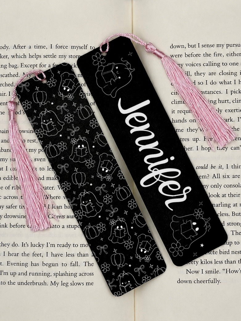 Personalised Spooky Season Metal Bookmark featuring cute ghost design and personalized name Jennifer.