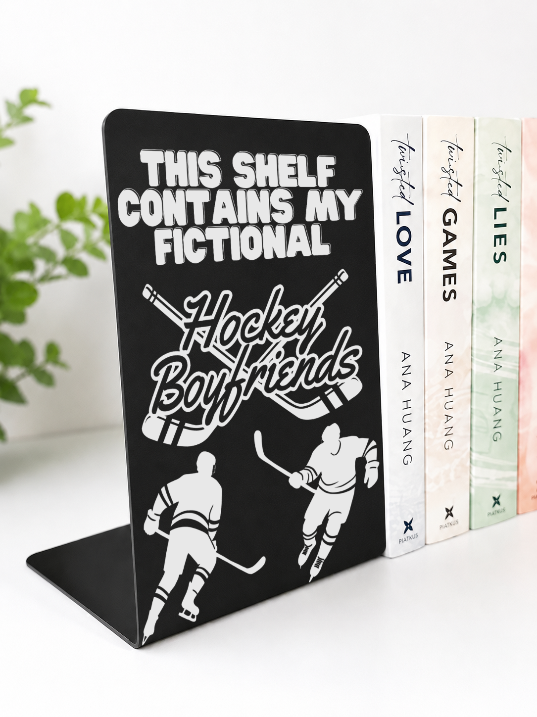     Hockey Boyfriends Metal Bookshelf Sign Bookend with hockey player and crossed hockey stick design