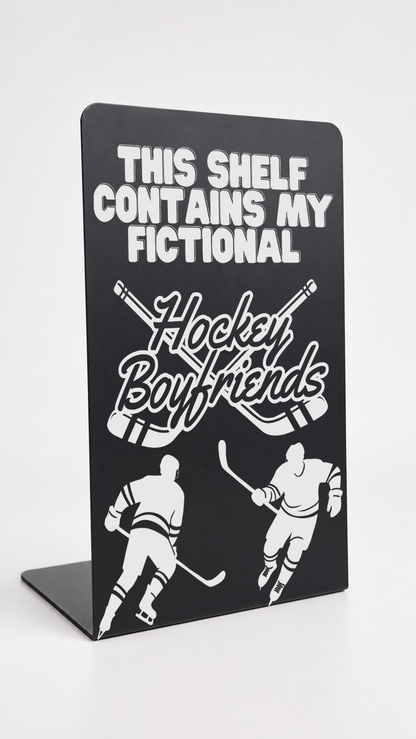     Black Hockey Boyfriends Metal Bookshelf Sign Bookend featuring fictional hockey boyfriend artwork