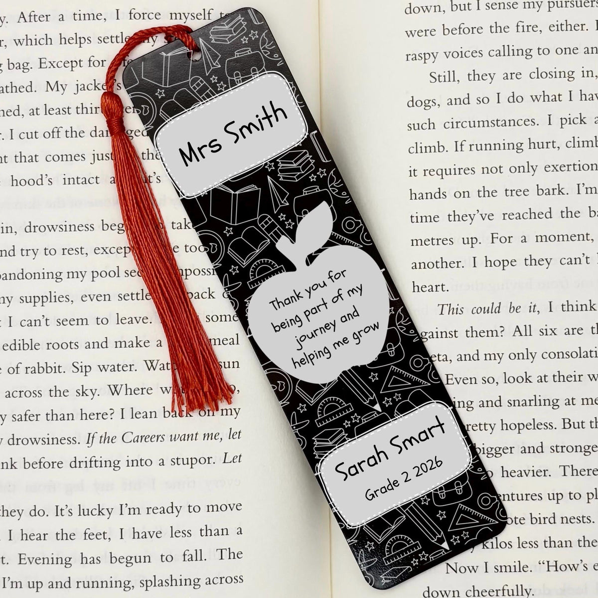     Personalised Teacher Gift Bookmark in black with custom teacher name, student details and thank you message