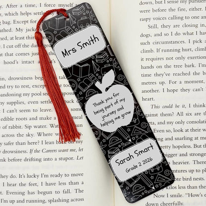     Personalised Teacher Gift Bookmark in black with custom teacher name, student details and thank you message