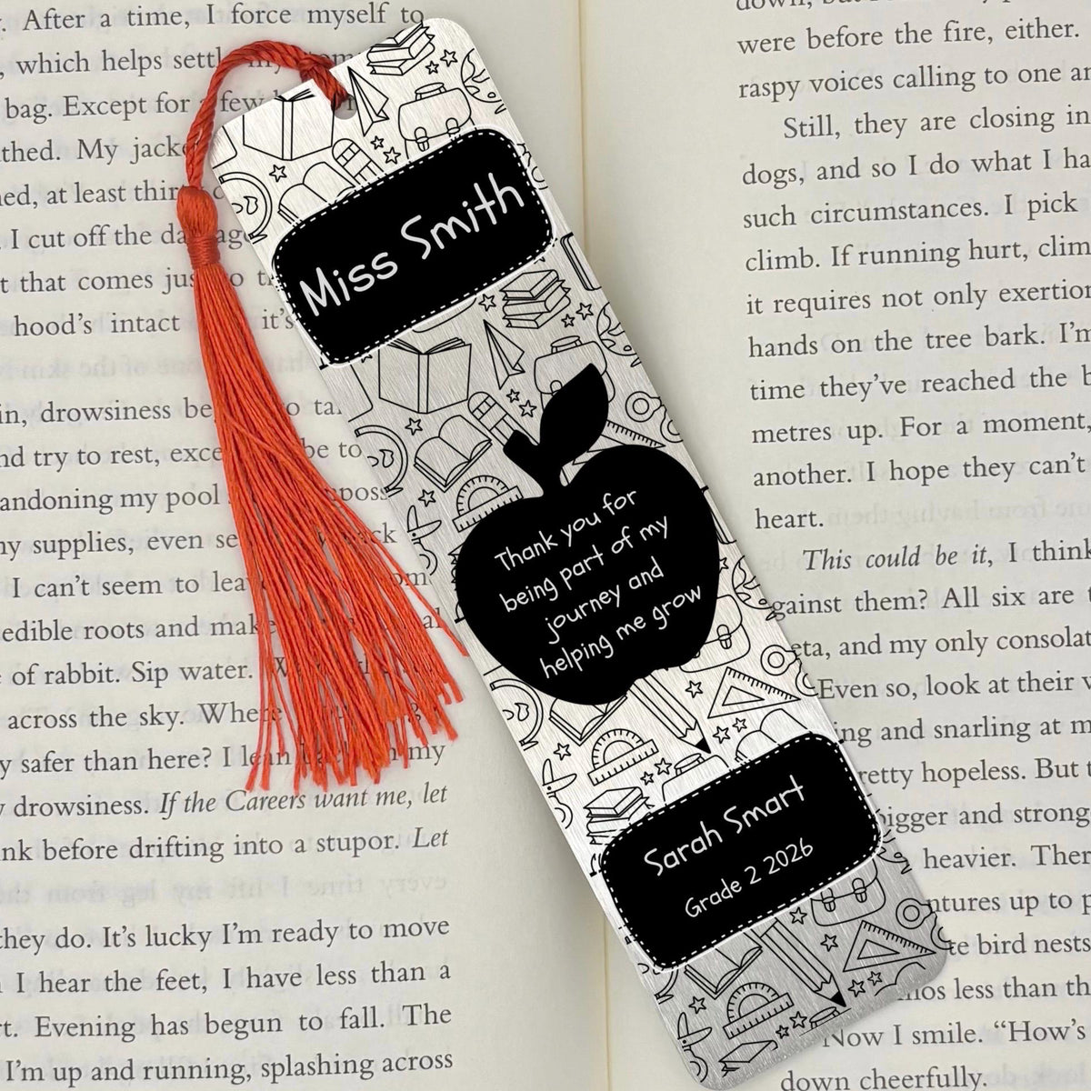     Personalised Teacher Gift Bookmark in silver with teacher name, student name, apple design and thank you message