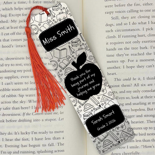    Personalised Teacher Gift Bookmark in silver with teacher name, student name, apple design and thank you message
