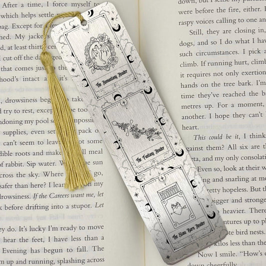 A brushed silver Fantasy Romantasy Slow Burn Metal Bookmark on an open book with a gold tassel