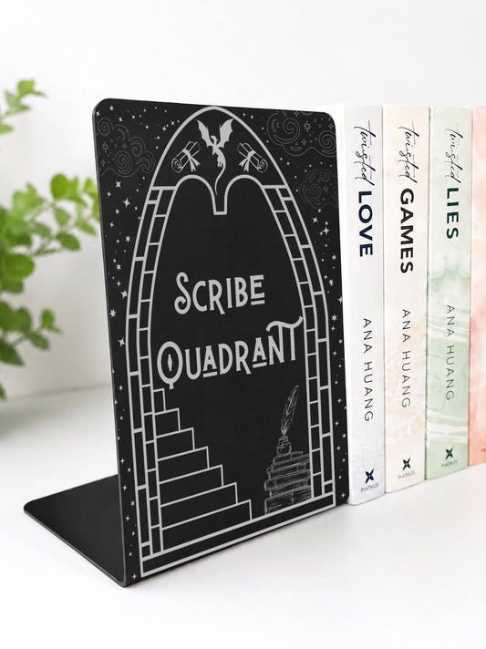     Scribe Quadrant Metal Bookshelf Bookends featuring detailed archway, dragon, stars, books and quill design