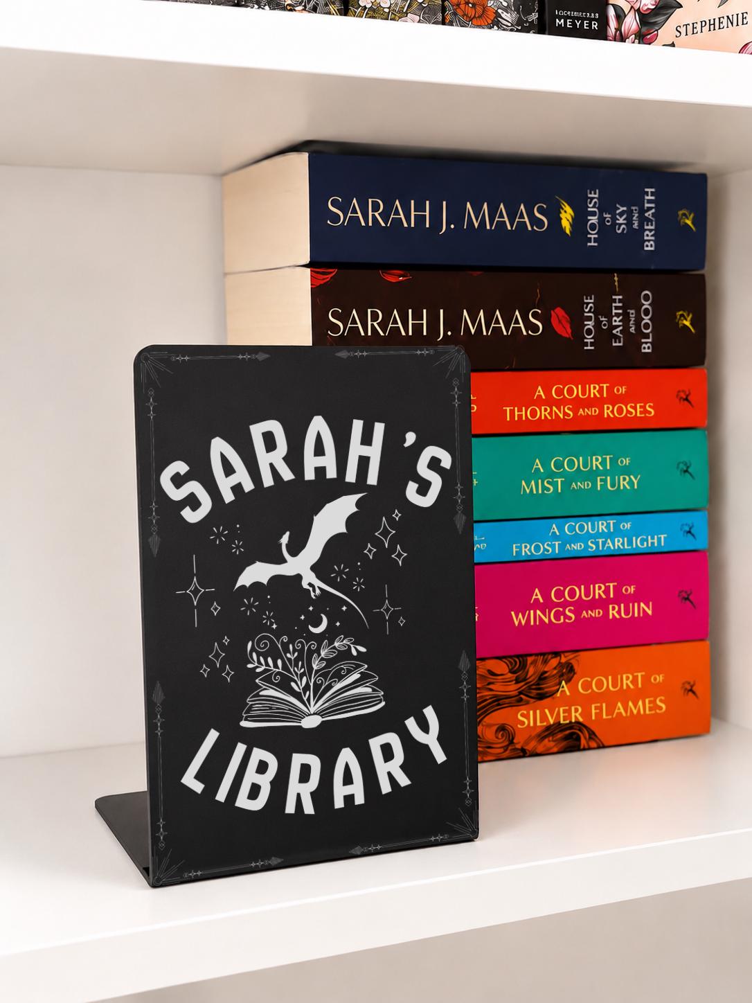     Personalised Custom Name Dragon Library Metal Bookshelf Sign with fantasy dragon and book design