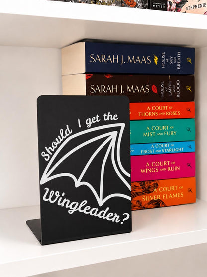     Should I Get The Wingleader Metal Bookshelf Sign Bookends displayed with a stack of fantasy romance books.
