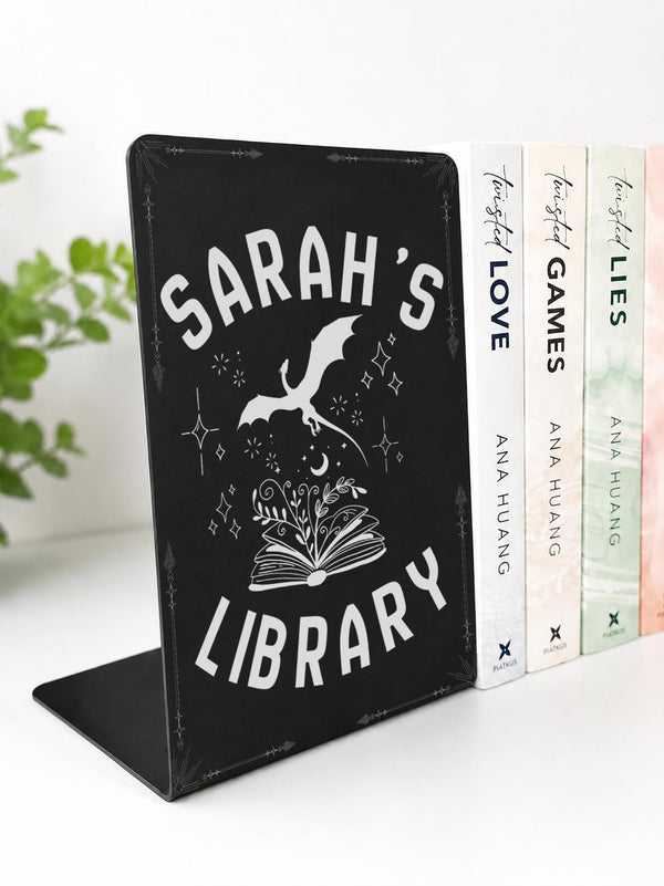     Custom Name Dragon Library Metal Bookshelf Sign with personalised name, dragon and open book design